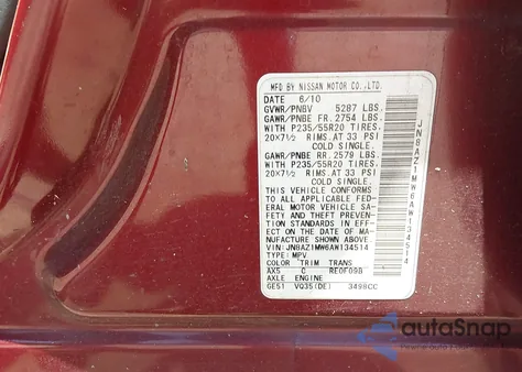 2010 Nissan Murano Le from USA, damaged, VIN JN8AZ1MW6AW134514